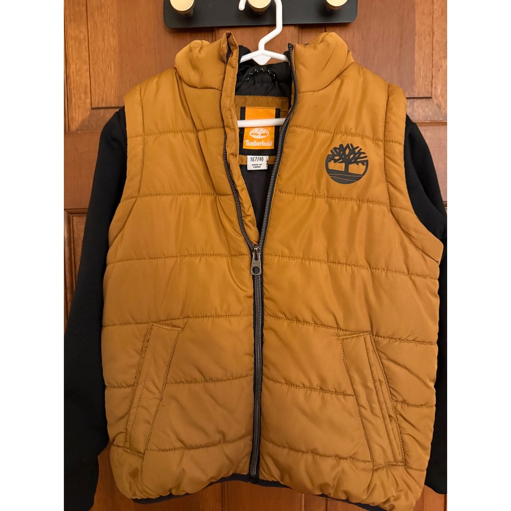 Timberland Insulated‎ Spellout Jacket Boys S (7-8) Yellow/Black Hooded Zip-Up